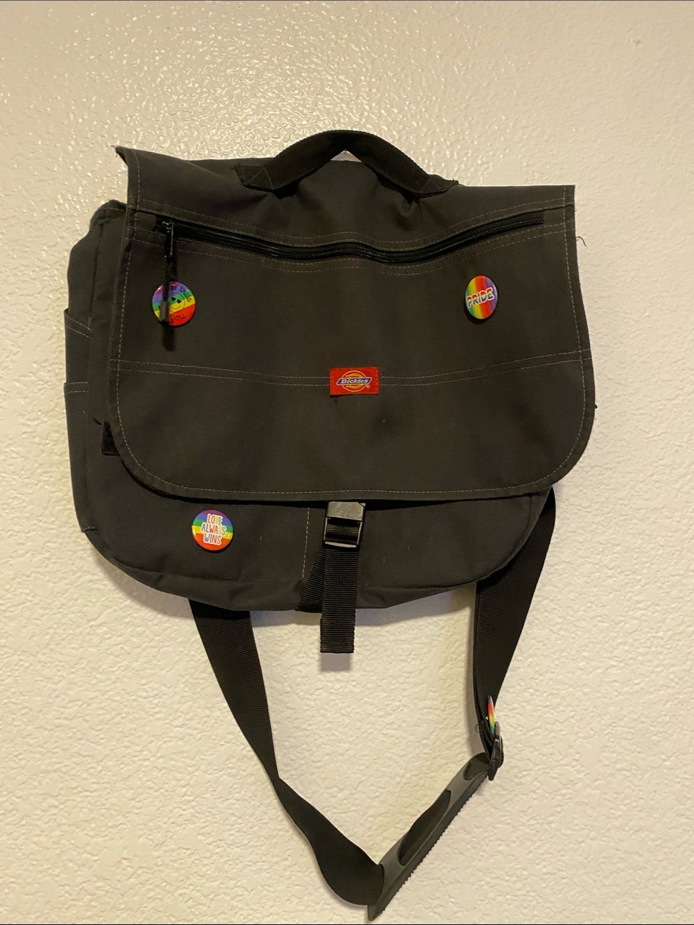 Dickies Black Messenger Bag with Front Flap and Pins